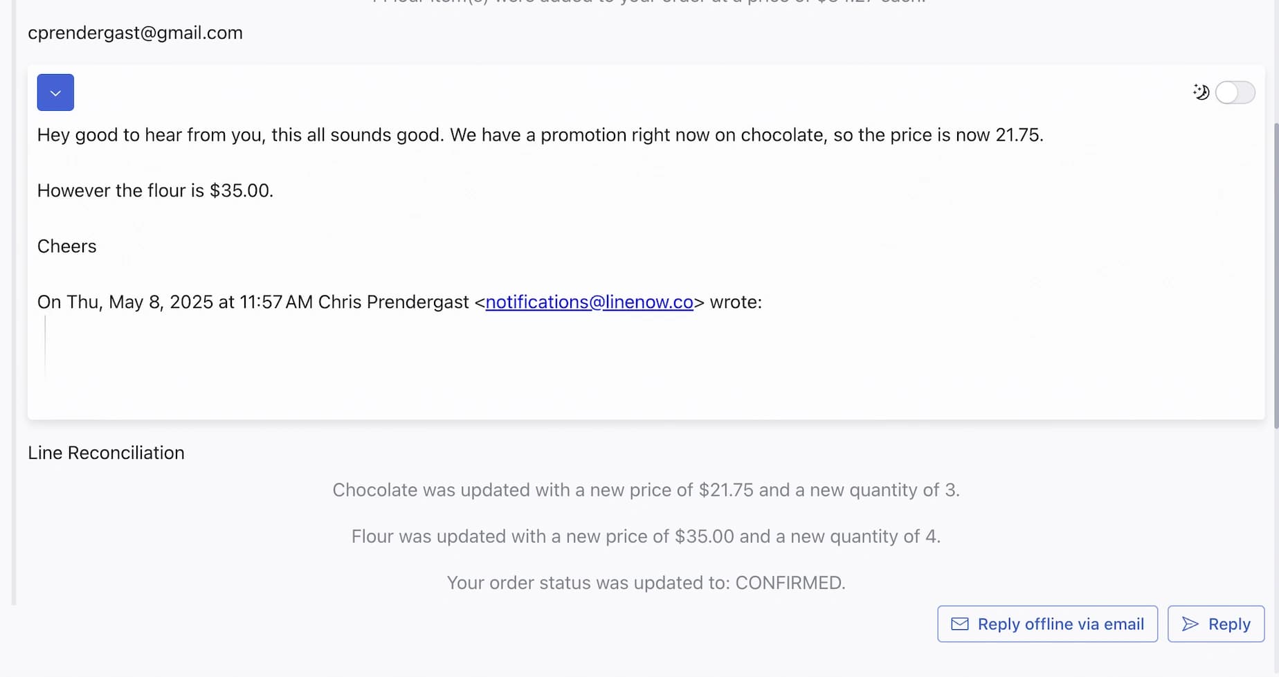 LineNow supplier email and chat threads