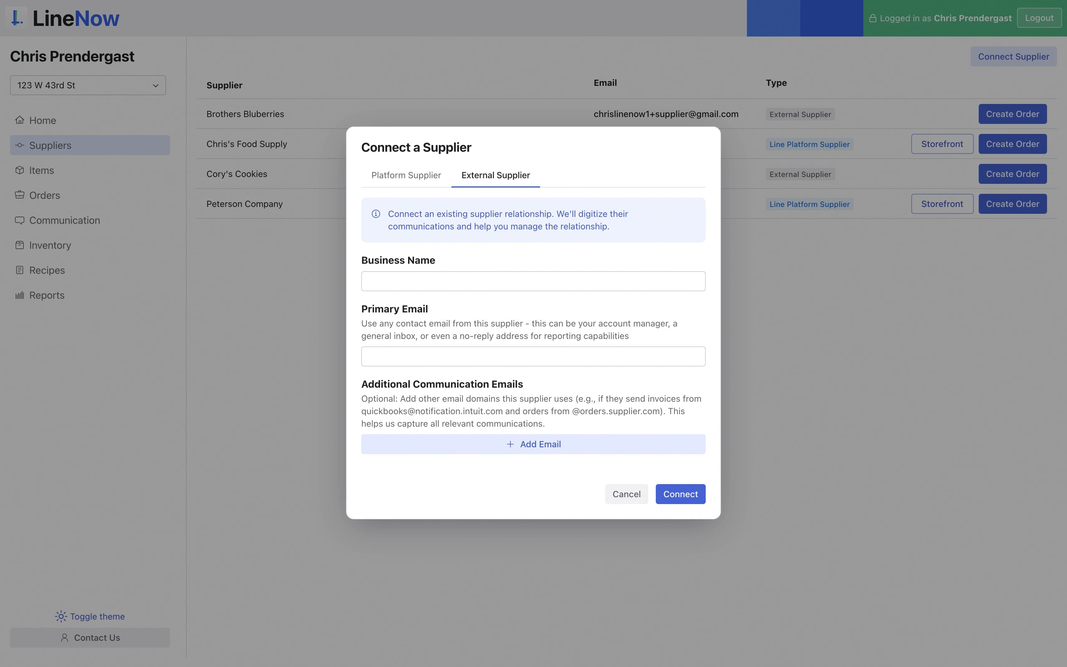 LineNow supplier records connected to live orders