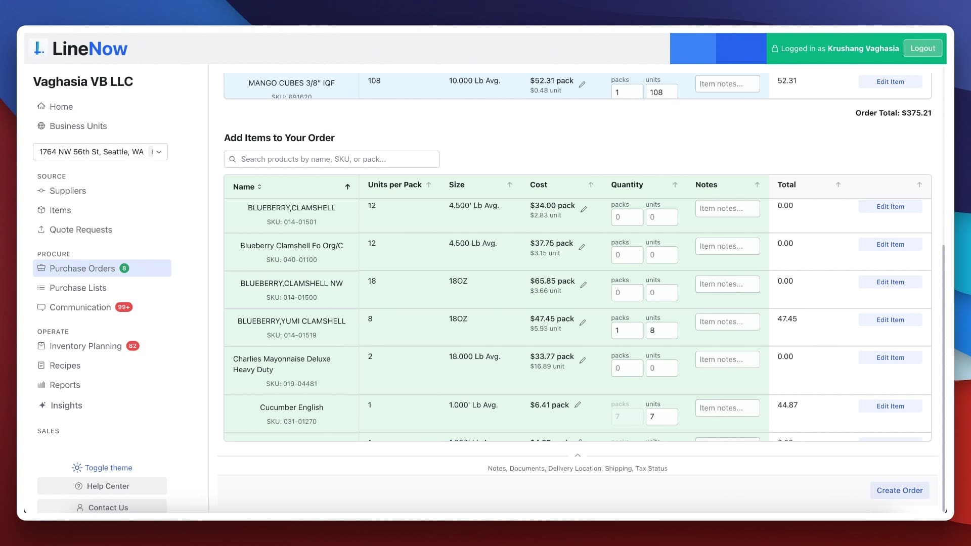 LineNow supplier-grouped purchase order creation and review workflow