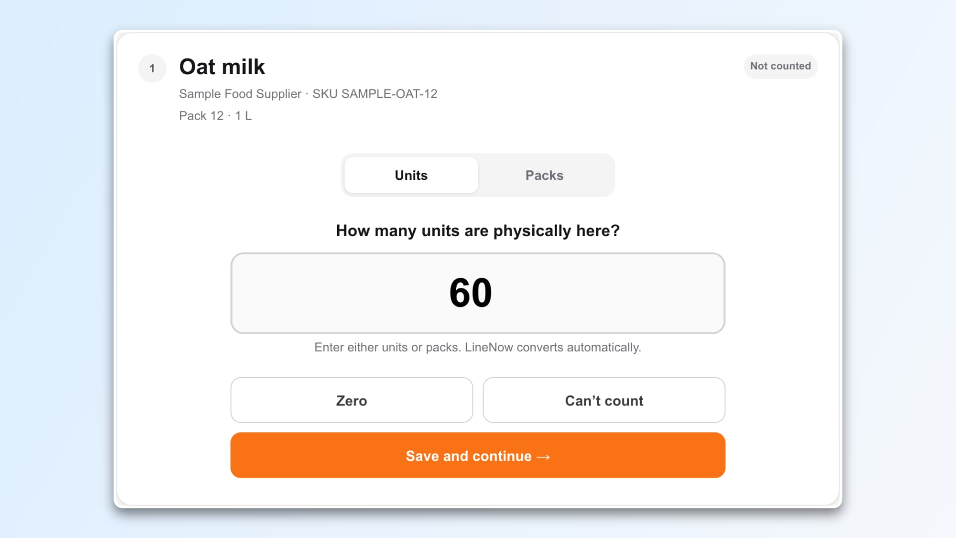 LineNow mobile count screen asking how many oat-milk units are physically on hand