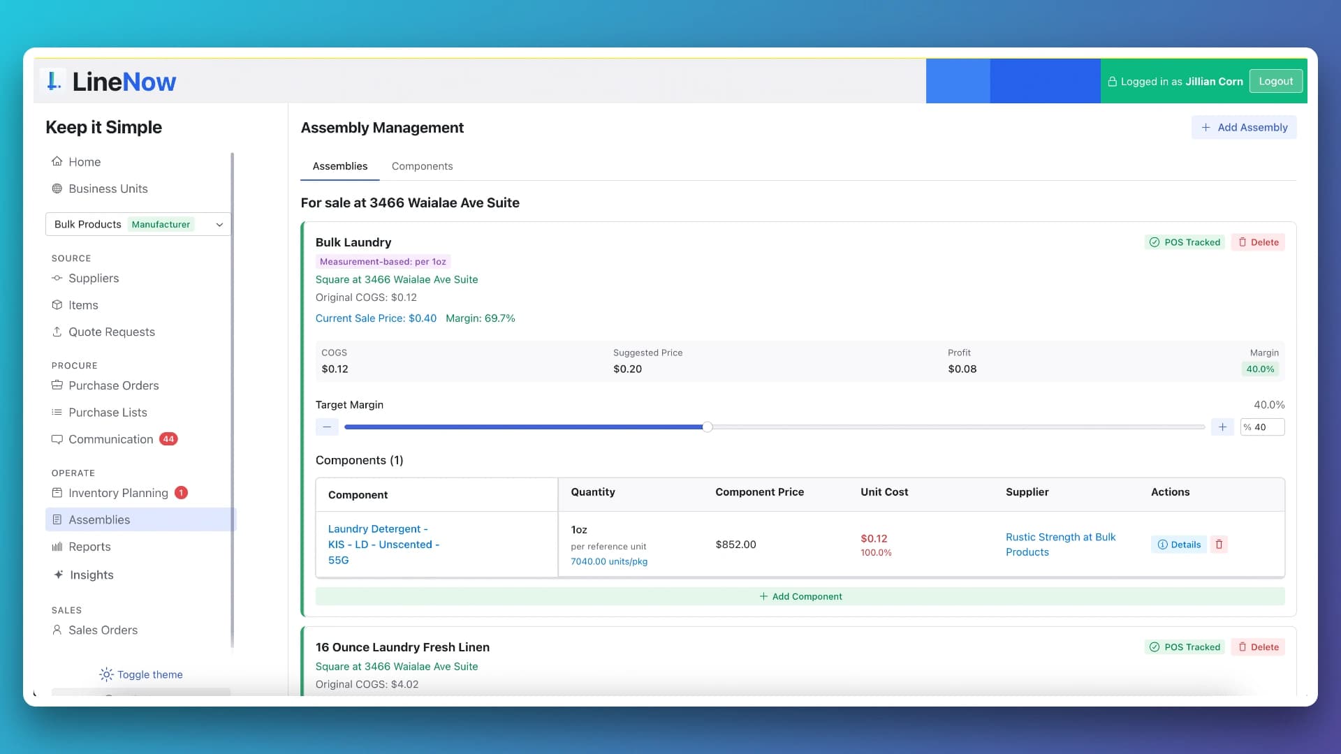 LineNow bill of materials and assembly management screen