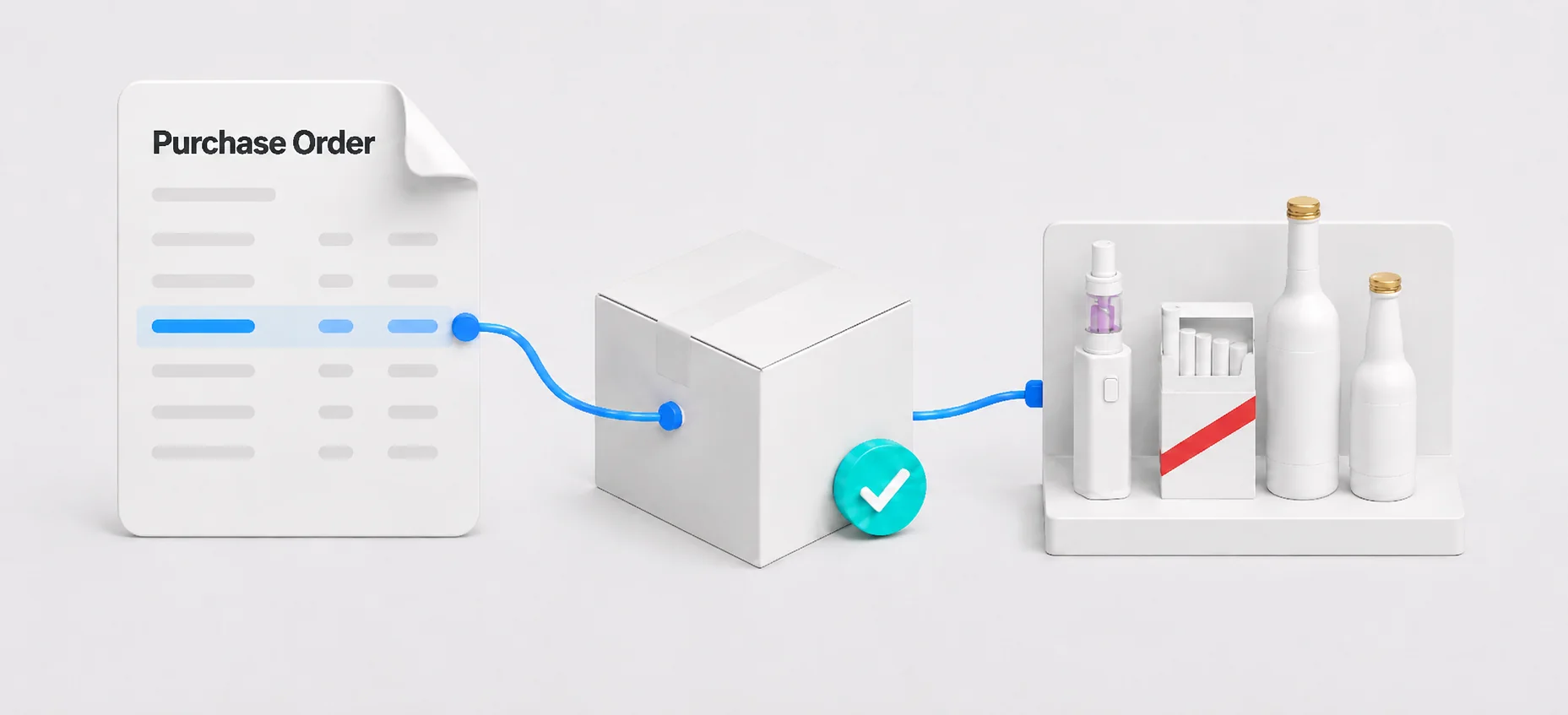 A purchase order connected to a received shipment and vape, smoke, wine, and liquor products
