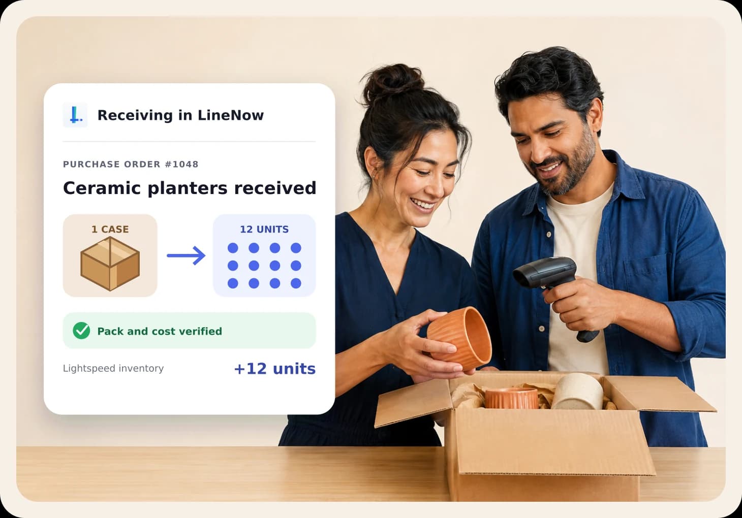Retail staff receiving one case as twelve sellable units in Lightspeed through LineNow