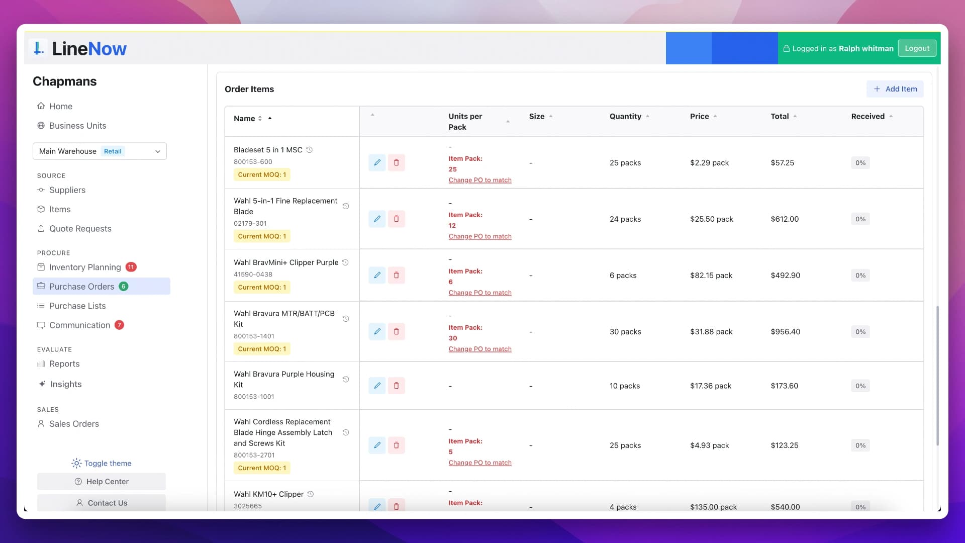 LineNow component purchase order screen