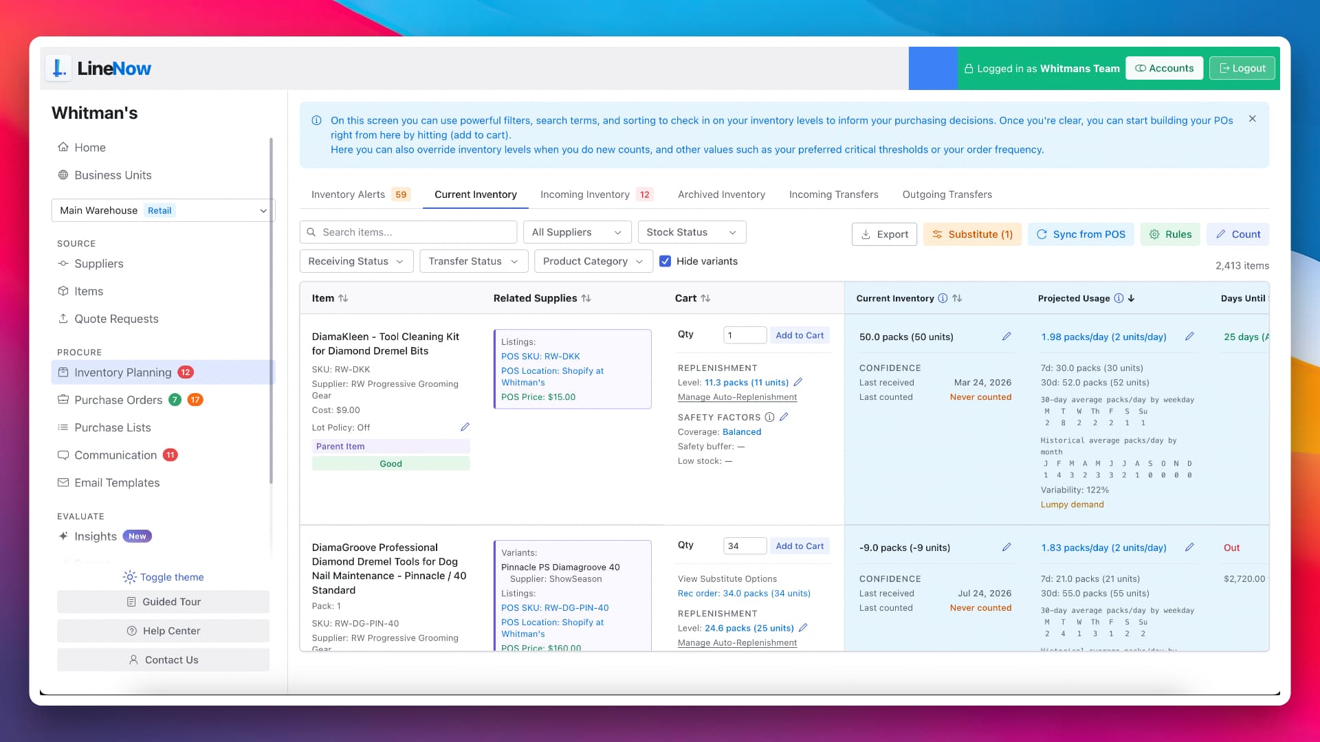 LineNow inventory planning screen for master procurement item order decisioning and buying