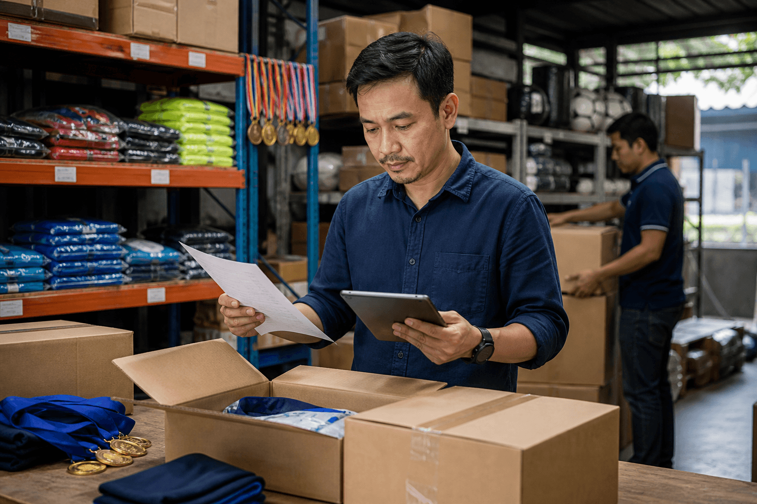 Procurement manager checking a delivery in a sporting goods stockroom