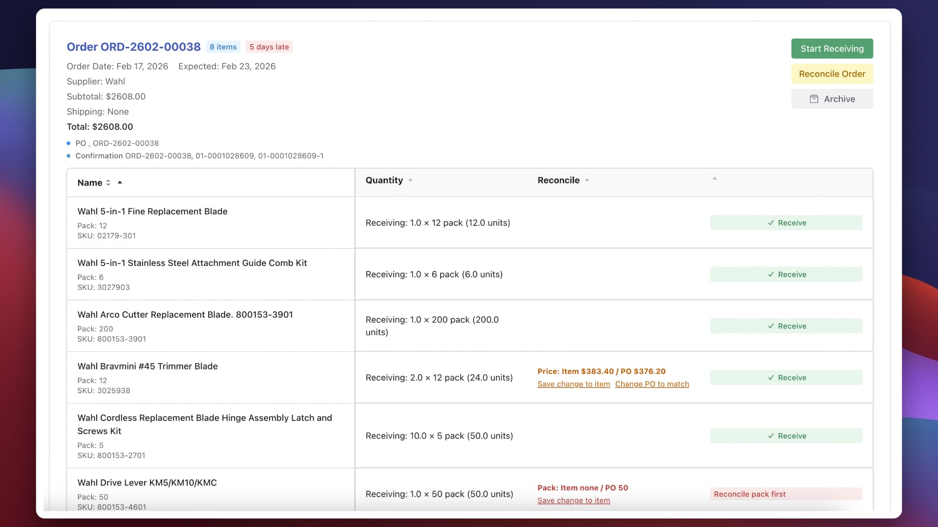 LineNow receiving workflow showing supplier packs, sellable units, and price changes