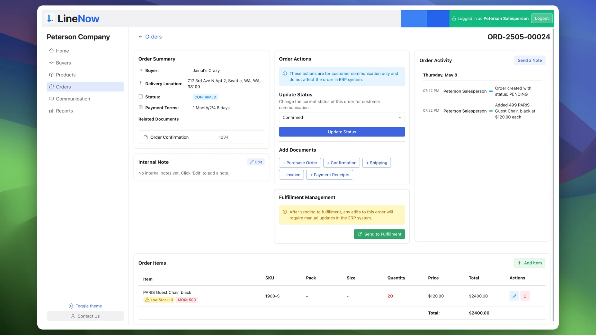 LineNow supplier portal order actions and buyer communication