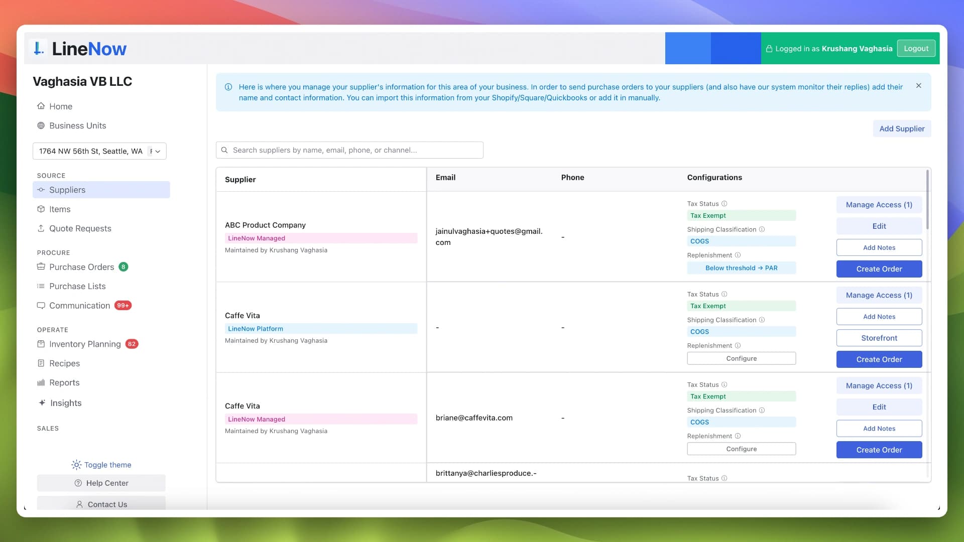 LineNow supplier setup dashboard