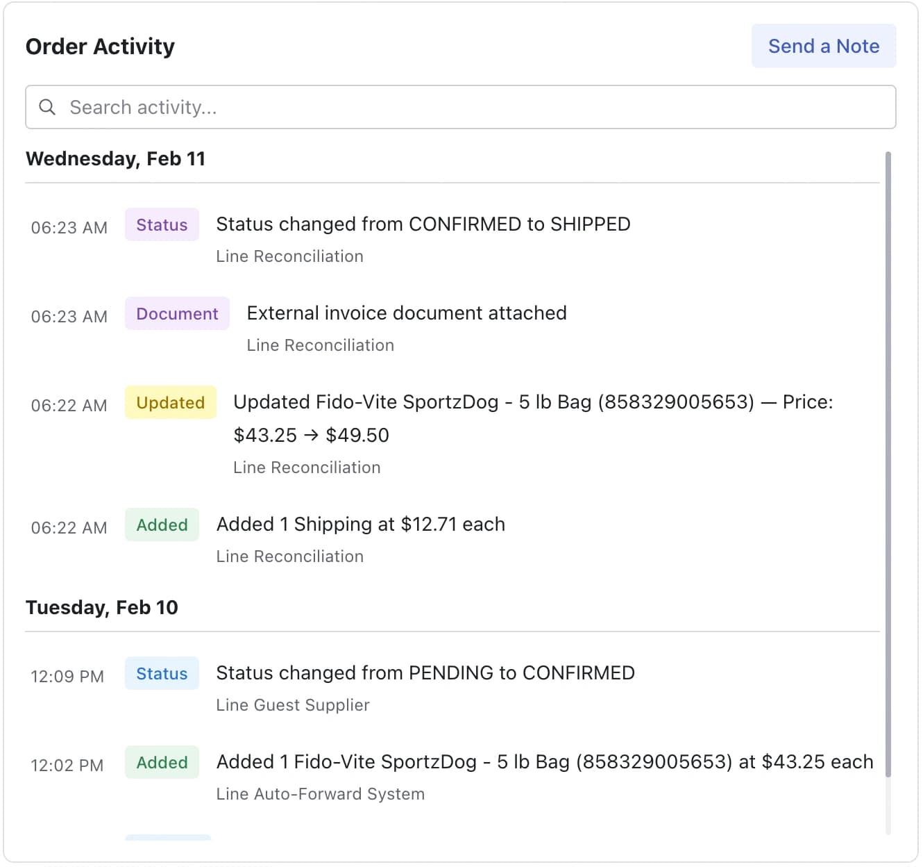LineNow order activity with a price update, supplier document, and order status
