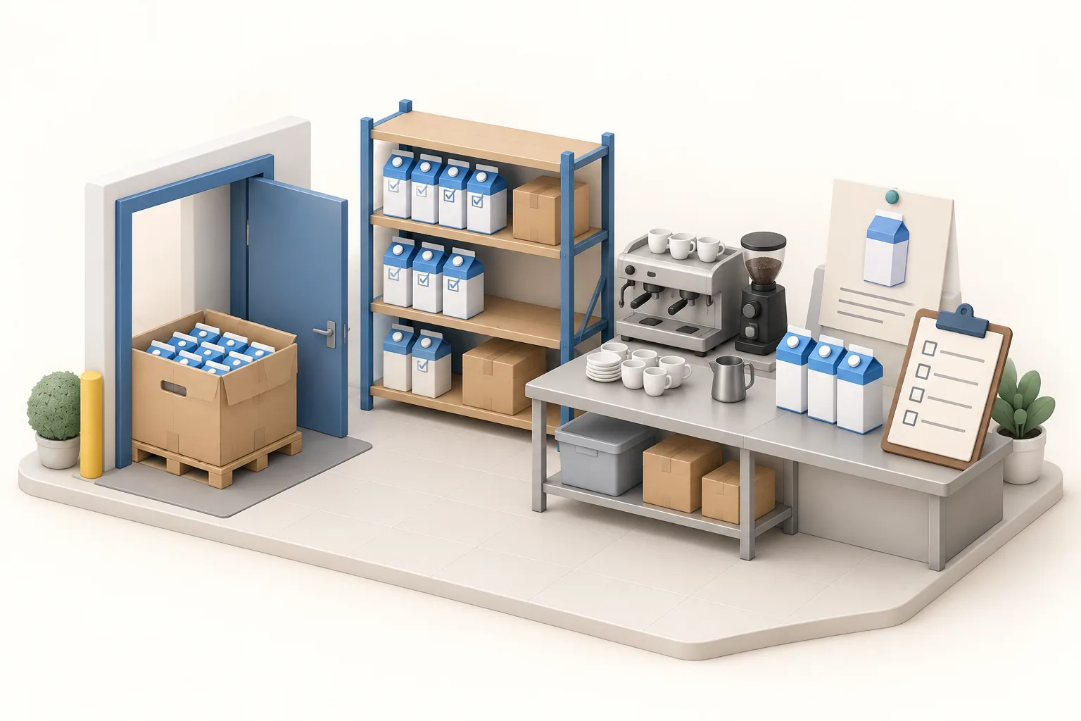 Concept illustration of a café delivery, ingredient storage, and a stock-count checklist before the next order