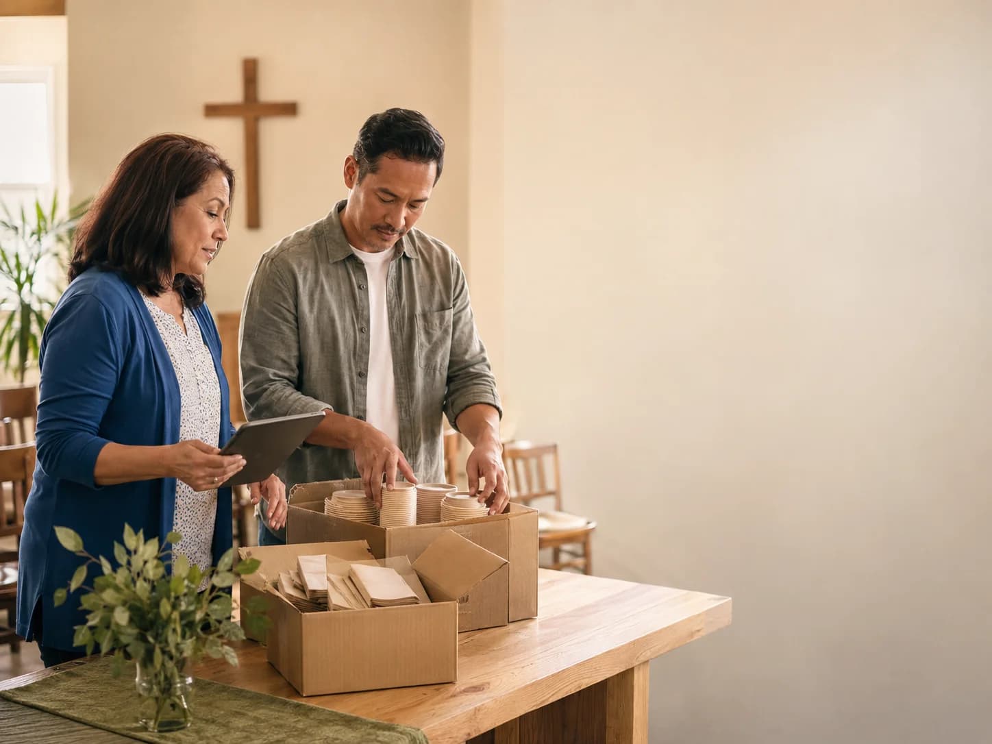 Church volunteers checking supplies for a community gathering