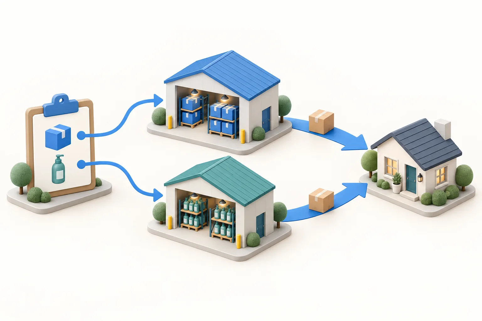 Concept illustration of one customer order routed to two suppliers, each shipping a separate parcel directly to the same customer