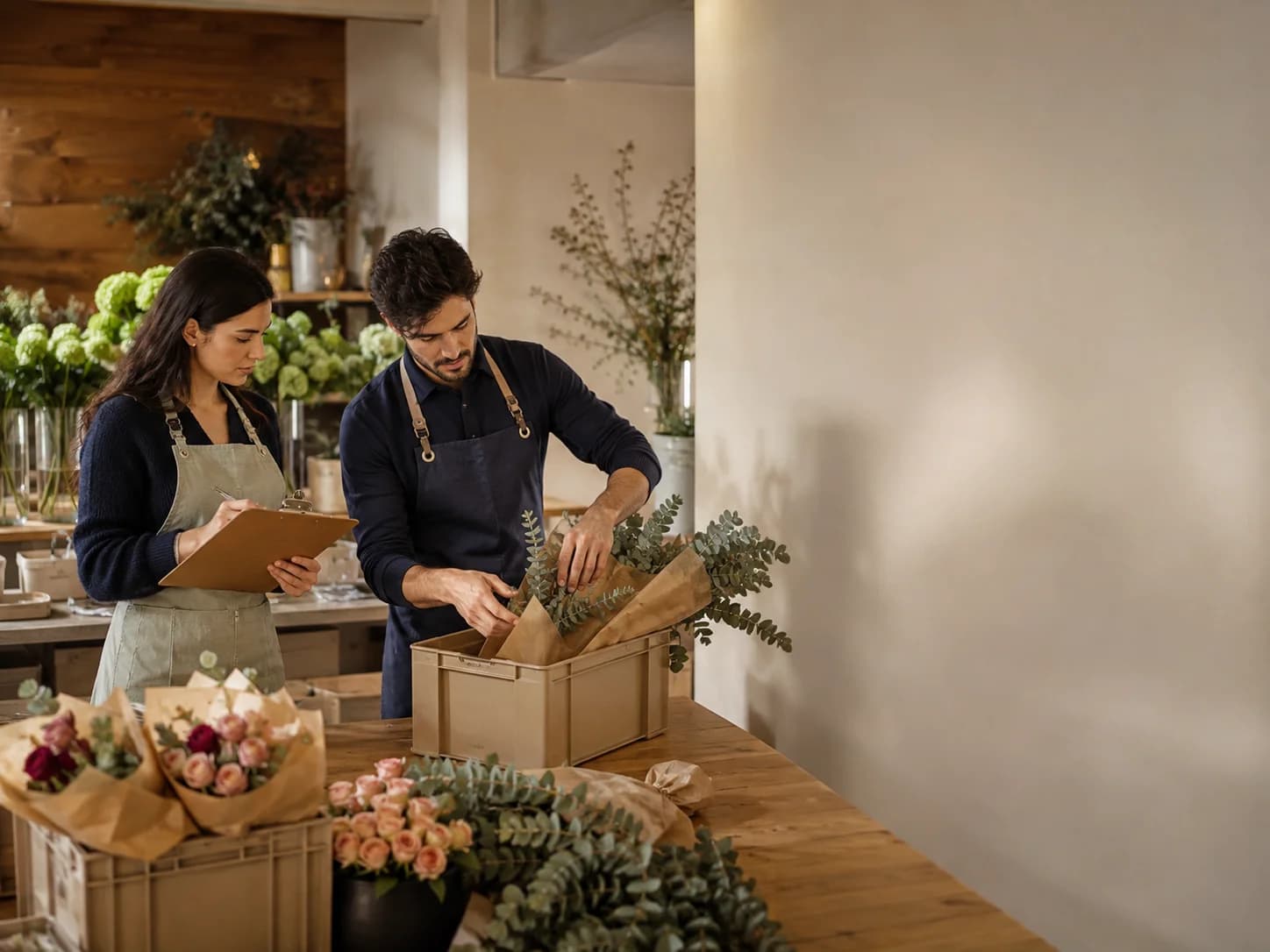 Florists preparing stems and greenery for branch fulfillment
