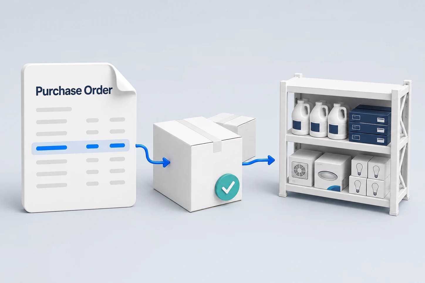 A purchase order connects to received supplier cartons and a warehouse shelf stocked with supplies, parts, and equipment