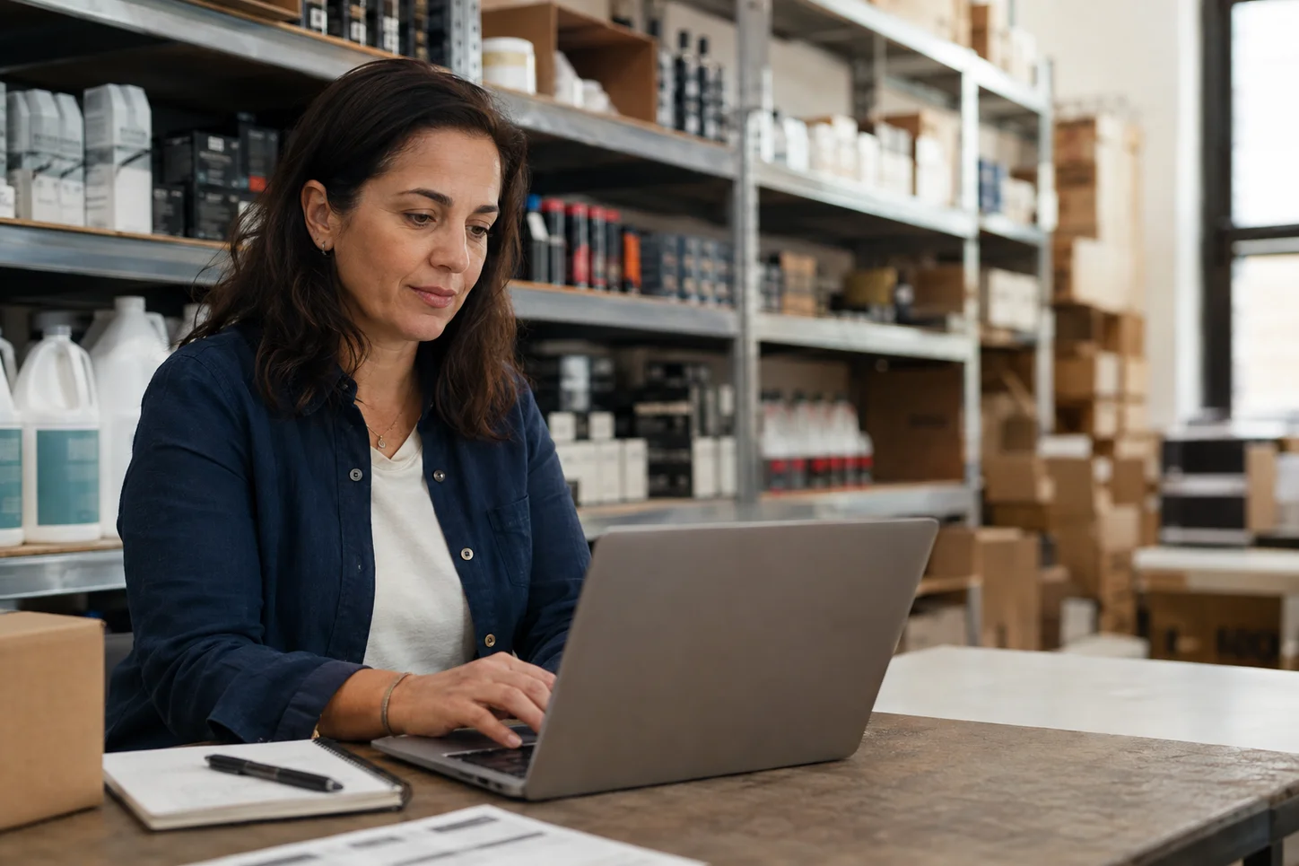 Inventory buyer reviewing replenishment at a warehouse