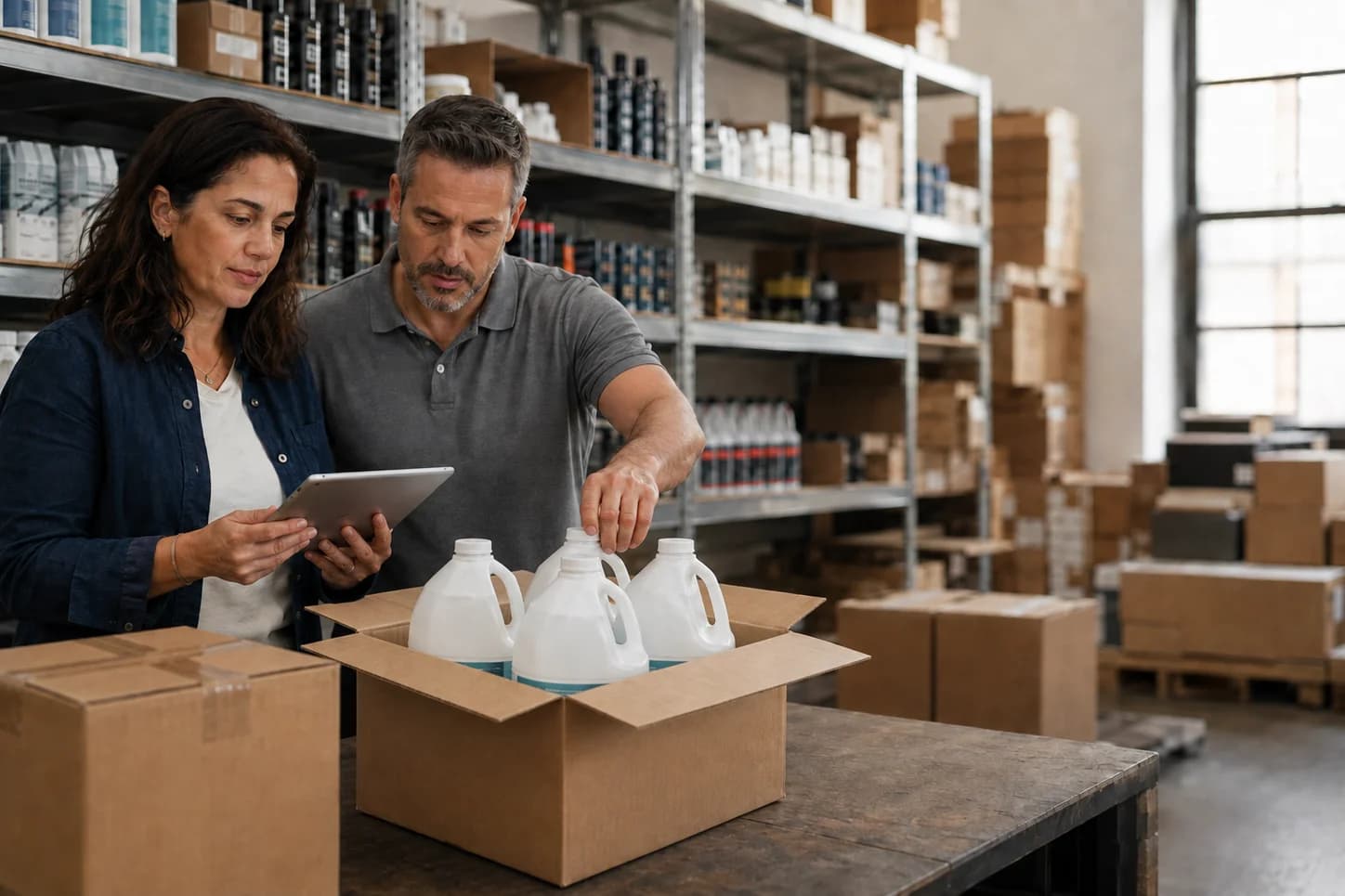 Warehouse colleague and buyer checking cartons of gallon shampoo bottles against a purchase order