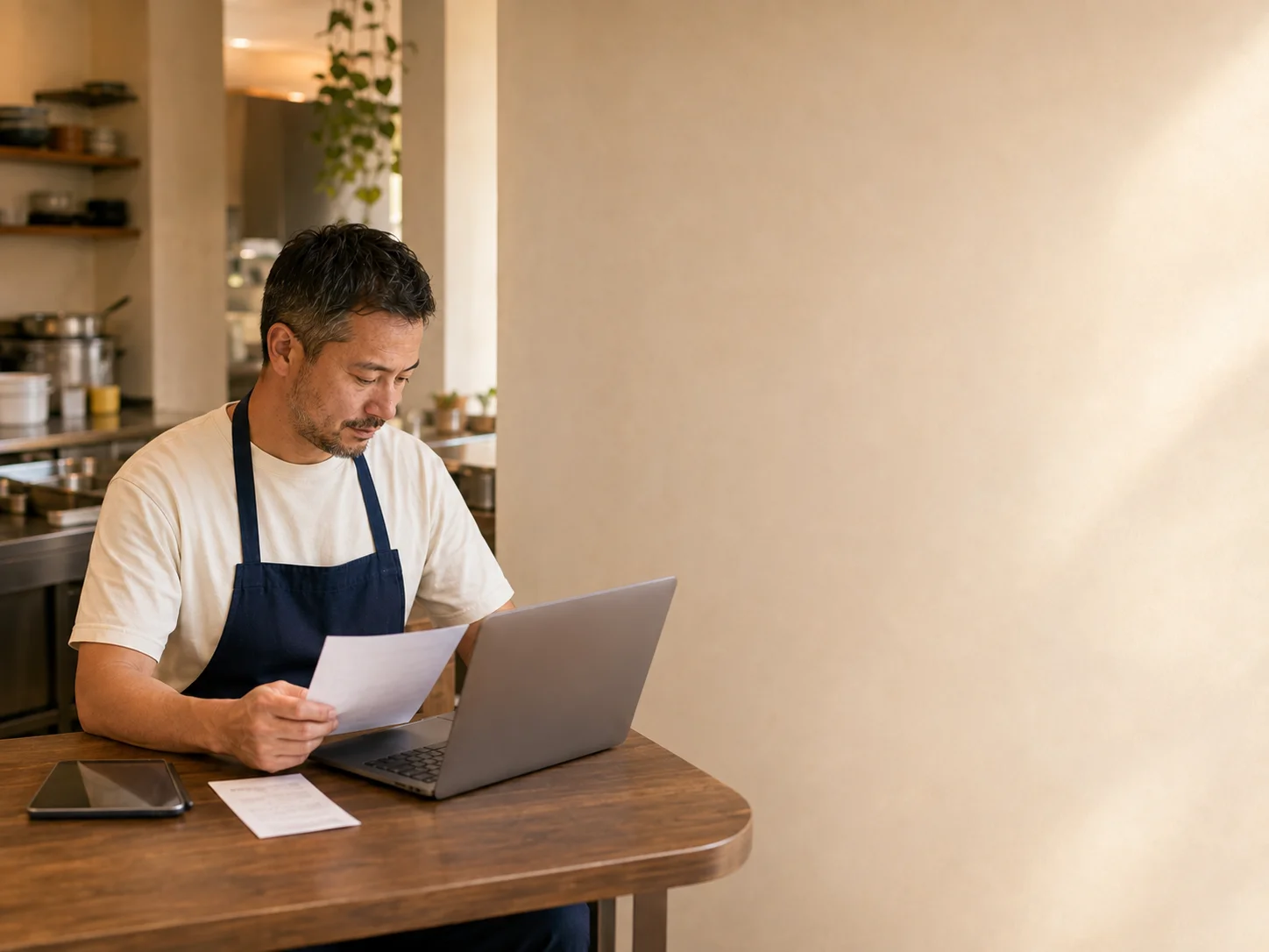 The same restaurant manager reviewing a supplier order and delivery confirmation