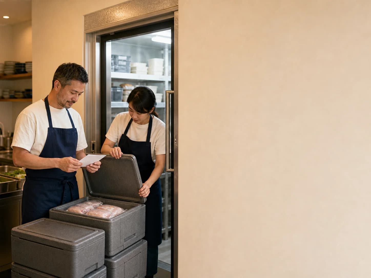 The restaurant manager and opening team checking a delivery beside the kitchen cold store