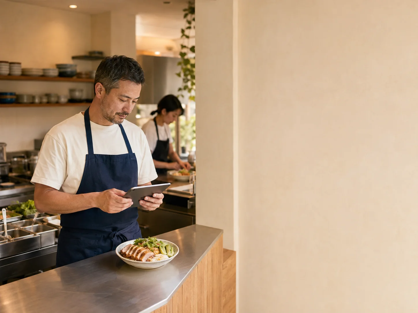 Restaurant operator reviewing ingredient needs after lunch service