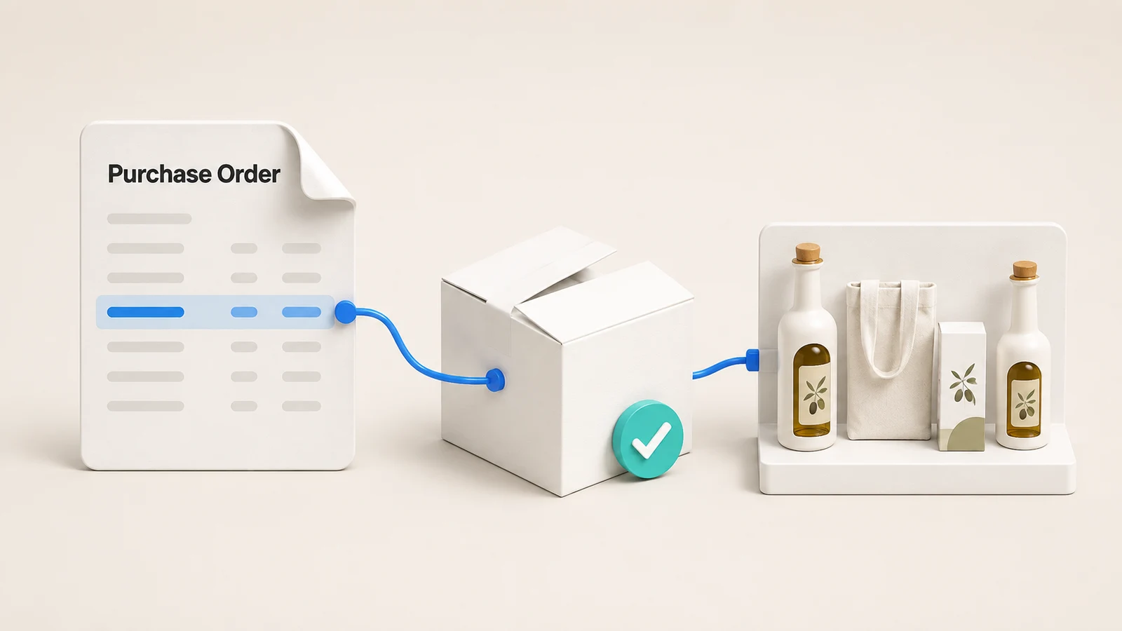 A purchase order connects to a checked delivery carton and stocked products on a shelf.