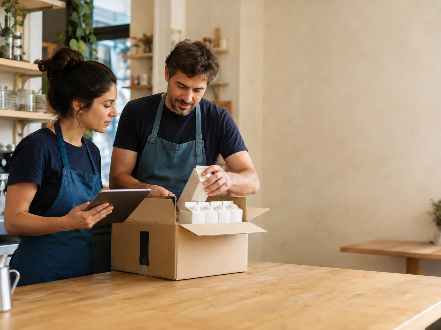 Café operators checking a delivery of cartons together