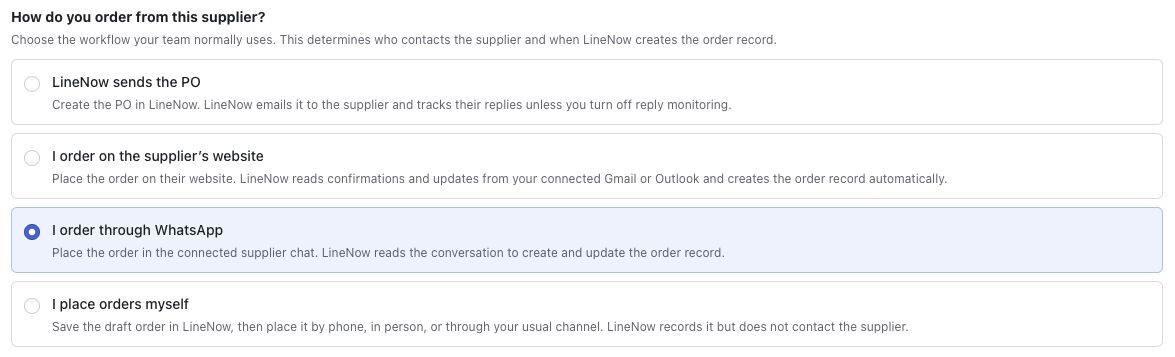 Supplier ordering workflows in LineNow with I order through WhatsApp selected