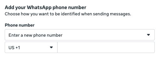 Meta phone-number setup showing Enter a new phone number, the country-code selector, and the phone-number field