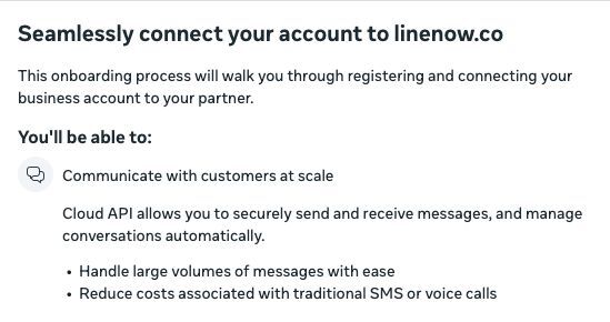 Meta onboarding introduction showing the connection to linenow.co