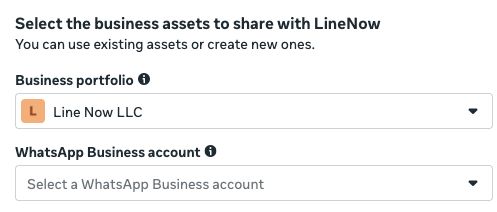 Meta business asset selection with Business portfolio and WhatsApp Business account dropdowns