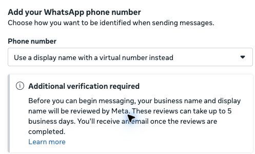 Meta virtual-number option selected with an Additional verification required notice